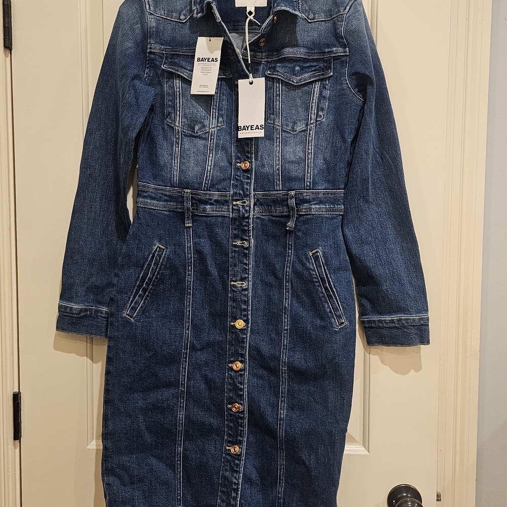 BayEas Dark Blue Denim Long Sleeve Button-Front Midi Dress